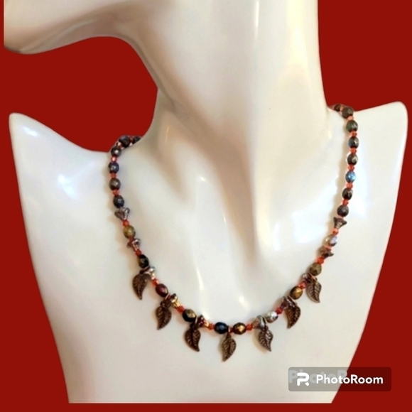 Handmade Etched Czech Glass Red Swarovski Crystal Beaded Leaf Holiday Necklace - Picture 1 of 9